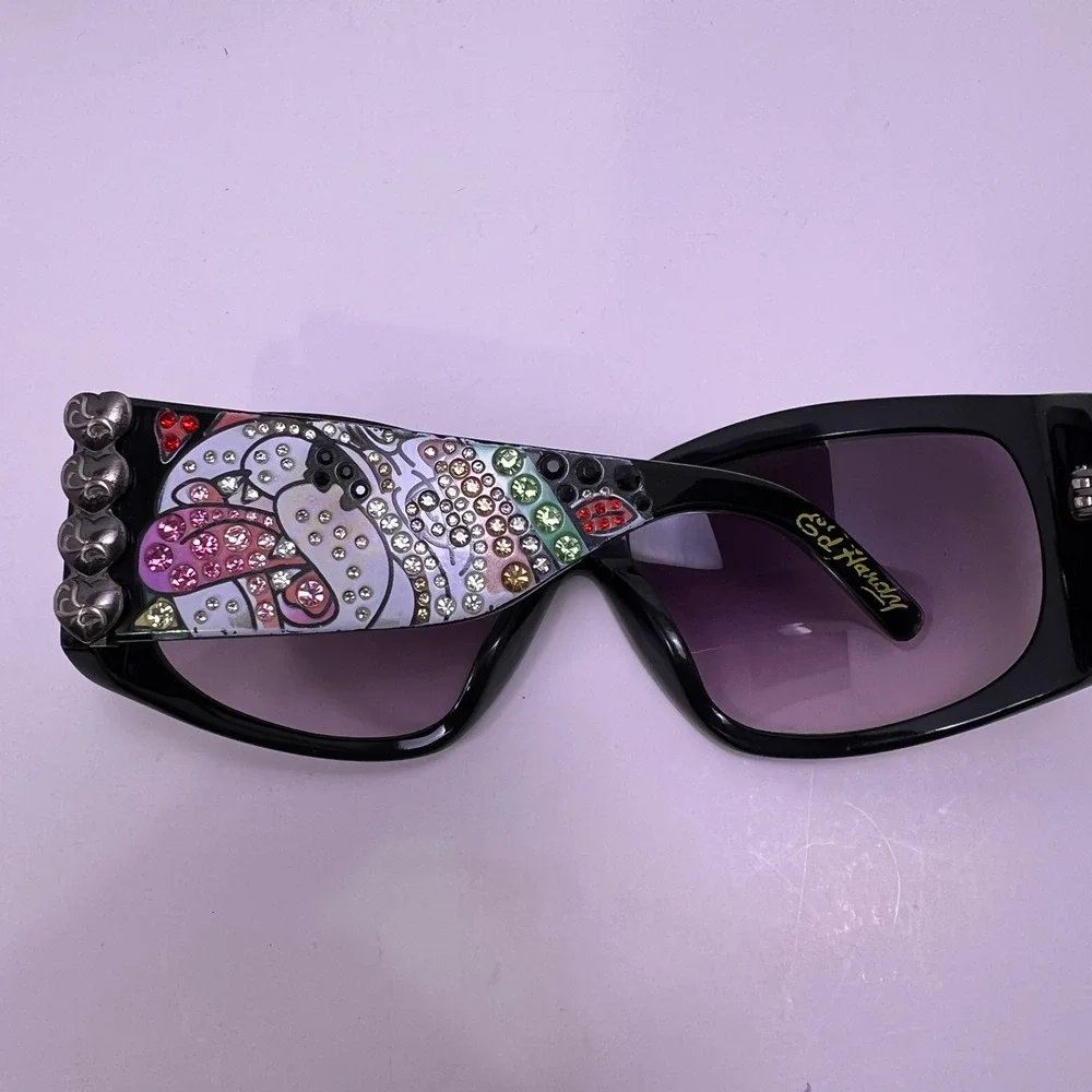 Ed Hardy Rhinestone Skull Shield Sunglasses Womens Black Acetate